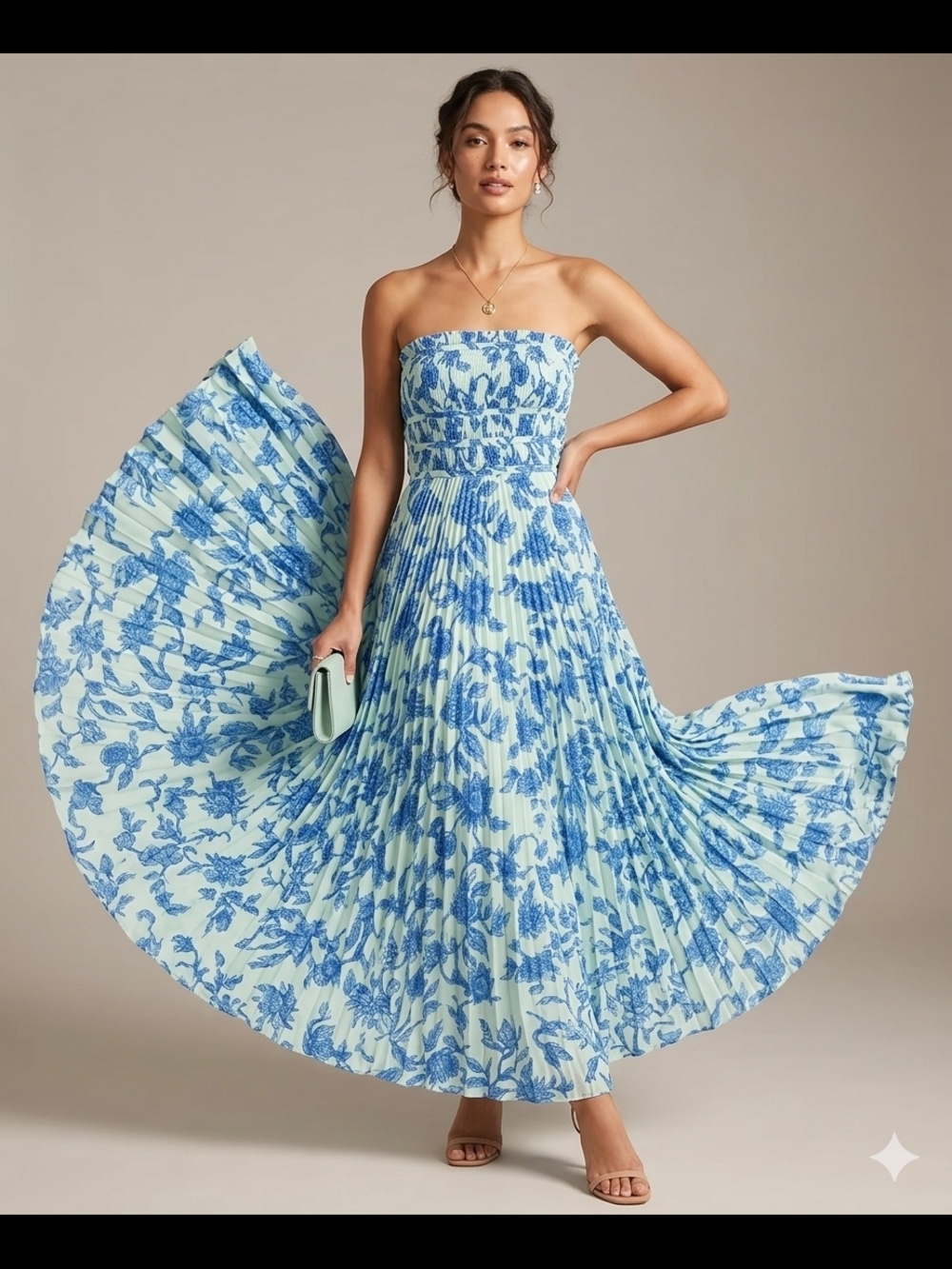 Taylor Strapless Light Blue and Blue Floral Pleated Maxi Dress